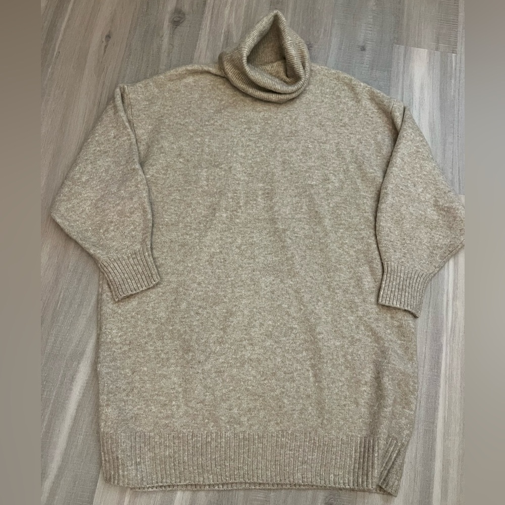 MANGO cowl turtle neck wool tan neutral sweater dress size M medium
